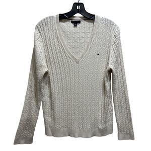 Tommy Hilfiger Cable Knit Sweater XL 100% Cotton V Neck Cream Preppy Scholar